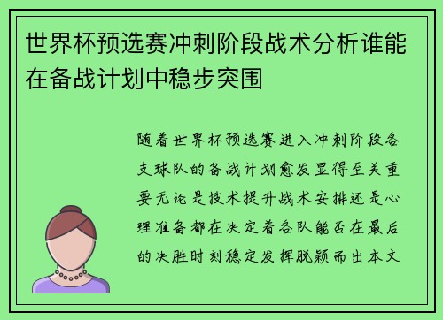 世界杯预选赛冲刺阶段战术分析谁能在备战计划中稳步突围 世界杯预选赛冲刺阶段战术分析谁能在备战计划中稳步突围